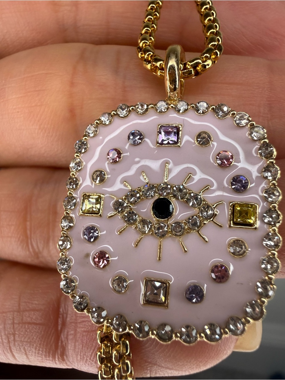 Gold Pink Evil Eye Pendant Necklace with Crystal Accents Y2K - Picture 7 of 7